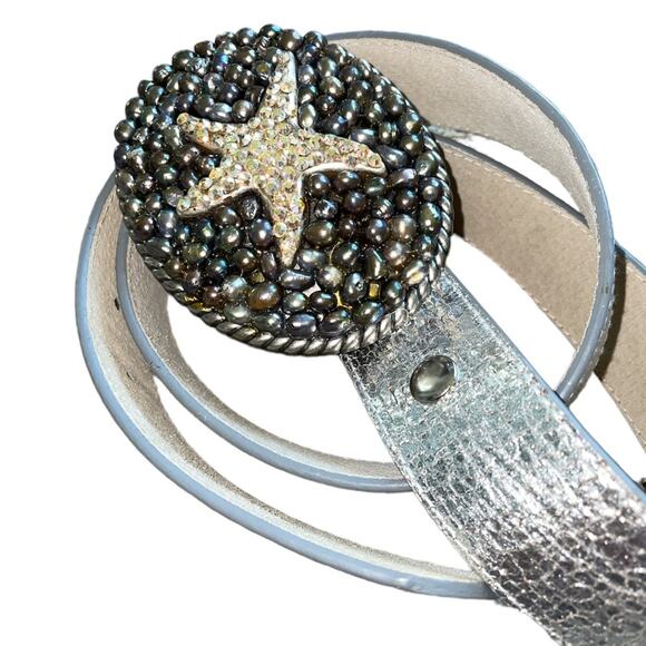 Beachhouse Etc. Black Pearl & Crystal Starfish Buckle Silver Leather Belt - Picture 4 of 6